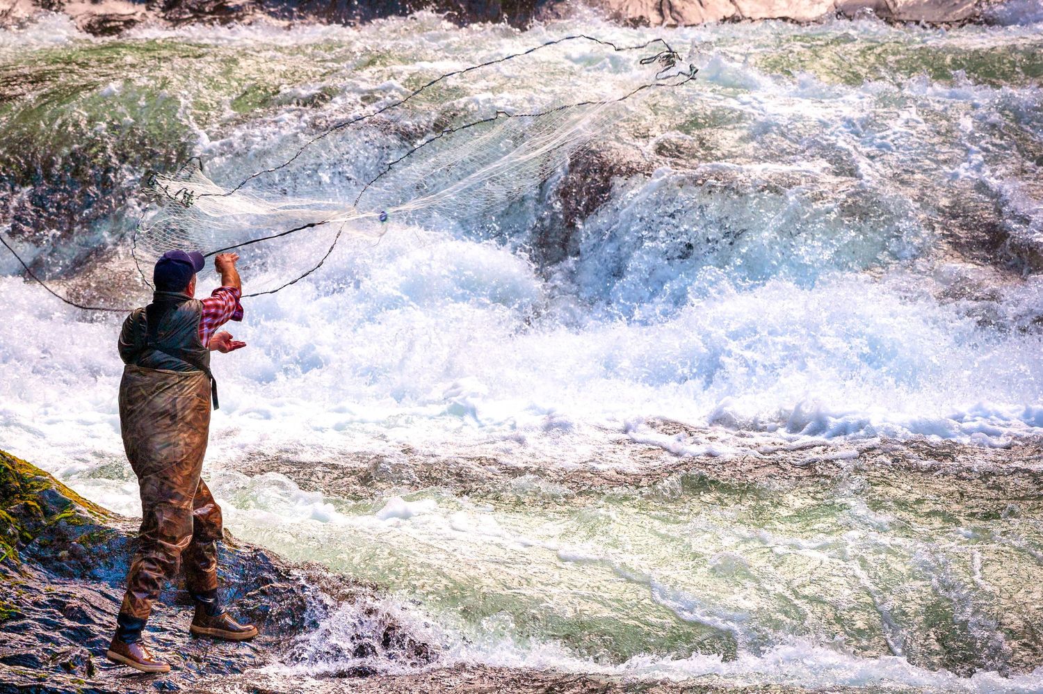 A series of images showing fly fishing in a rushing mountain stream with white water rapids.
