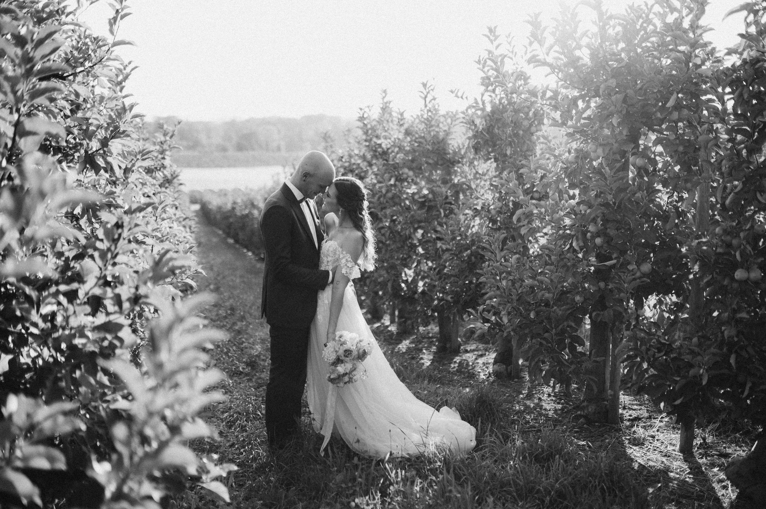Black and white wedding portraits captured in scenic outdoor setting.