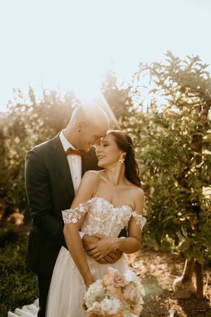Romantic sunset portrait of newlyweds embracing in vineyard.