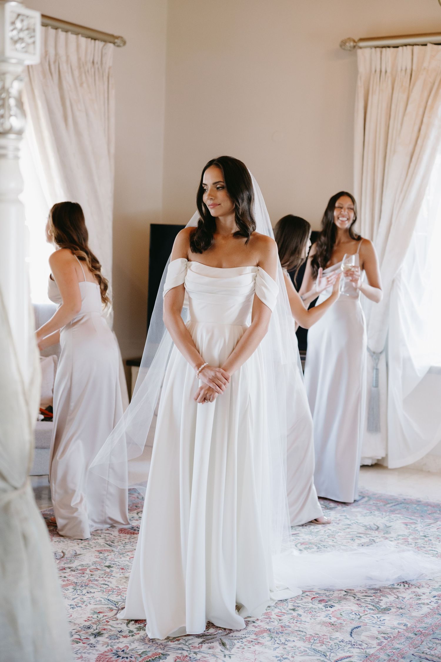 A sequence of wedding preparation photos showing people in white dresses getting ready in a light-filled room.