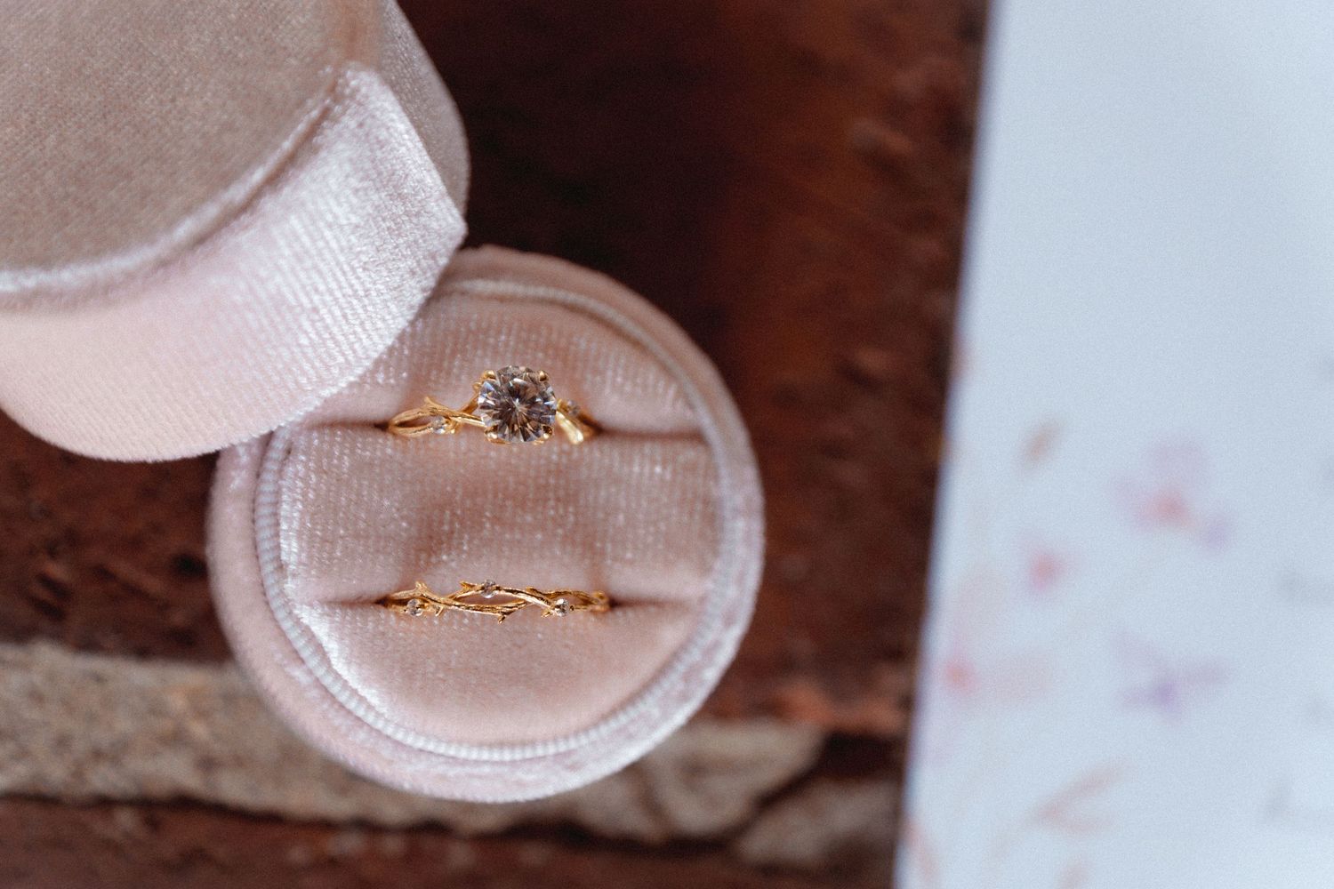 Ring box with fantasy wedding and engagement rings in pink box detail shot from fantasy wedding in Bowling Green, Kentucky