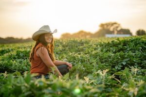A tranquil sunset scene in a lush green field with someone sitting among crops wearing a wide-brimmed hat.