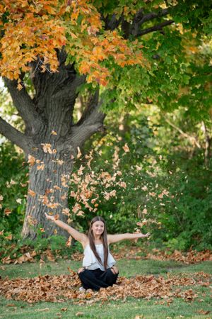 Person throws autumn leaves in the air while sitting under a large maple tree with colorful foliage.