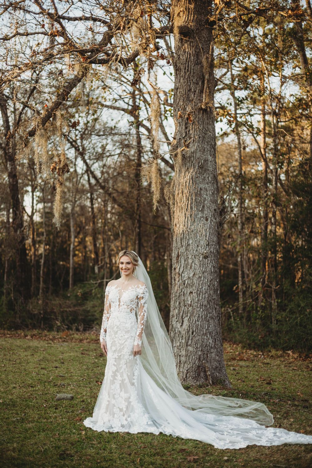 A flowing wedding gown with cathedral veil captured in a wooded setting during golden hour.
