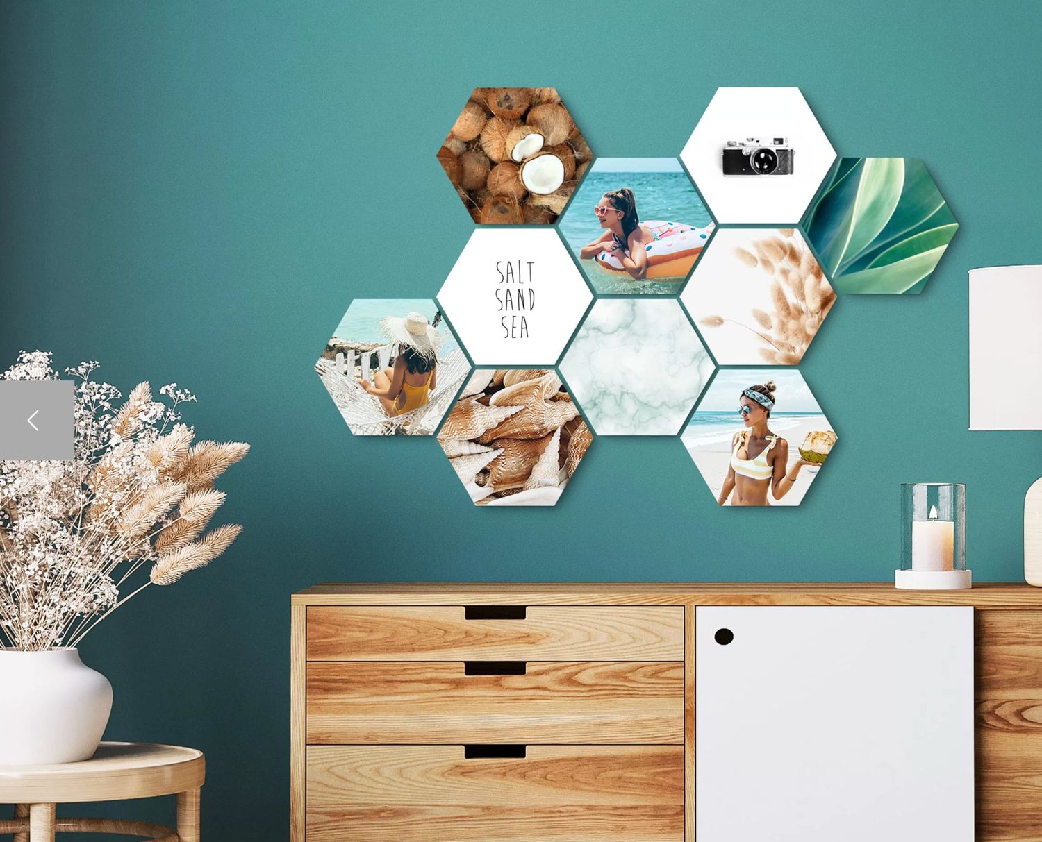 Hexagonal photo tiles arranged on a wall in a modern living space. Vivitu custom photo tile wall art.