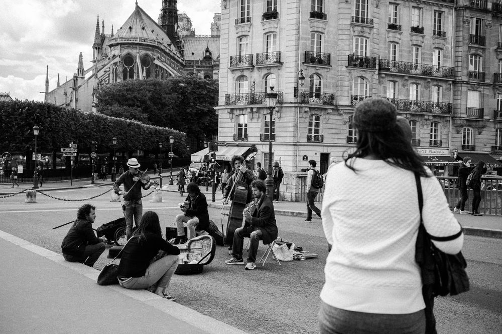 People gathered near Notre Dame Cathedral in Paris.