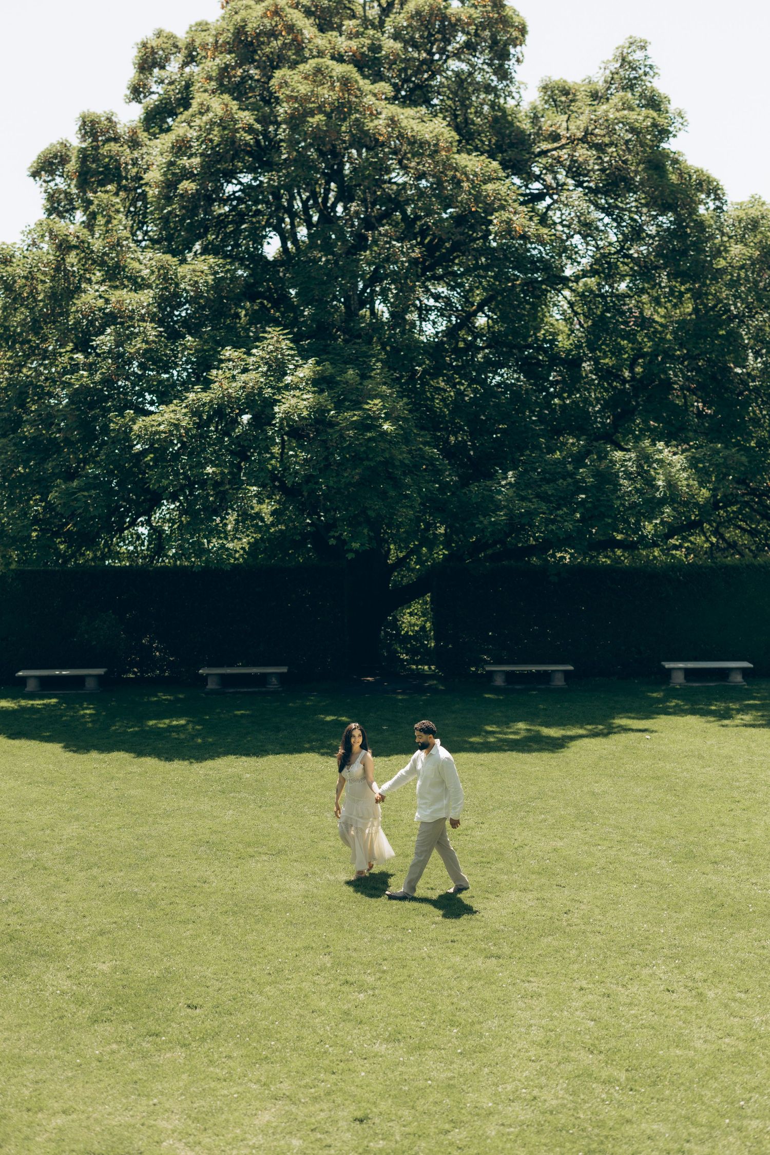 Couple dancing together in sunset light with evergreen trees in background.