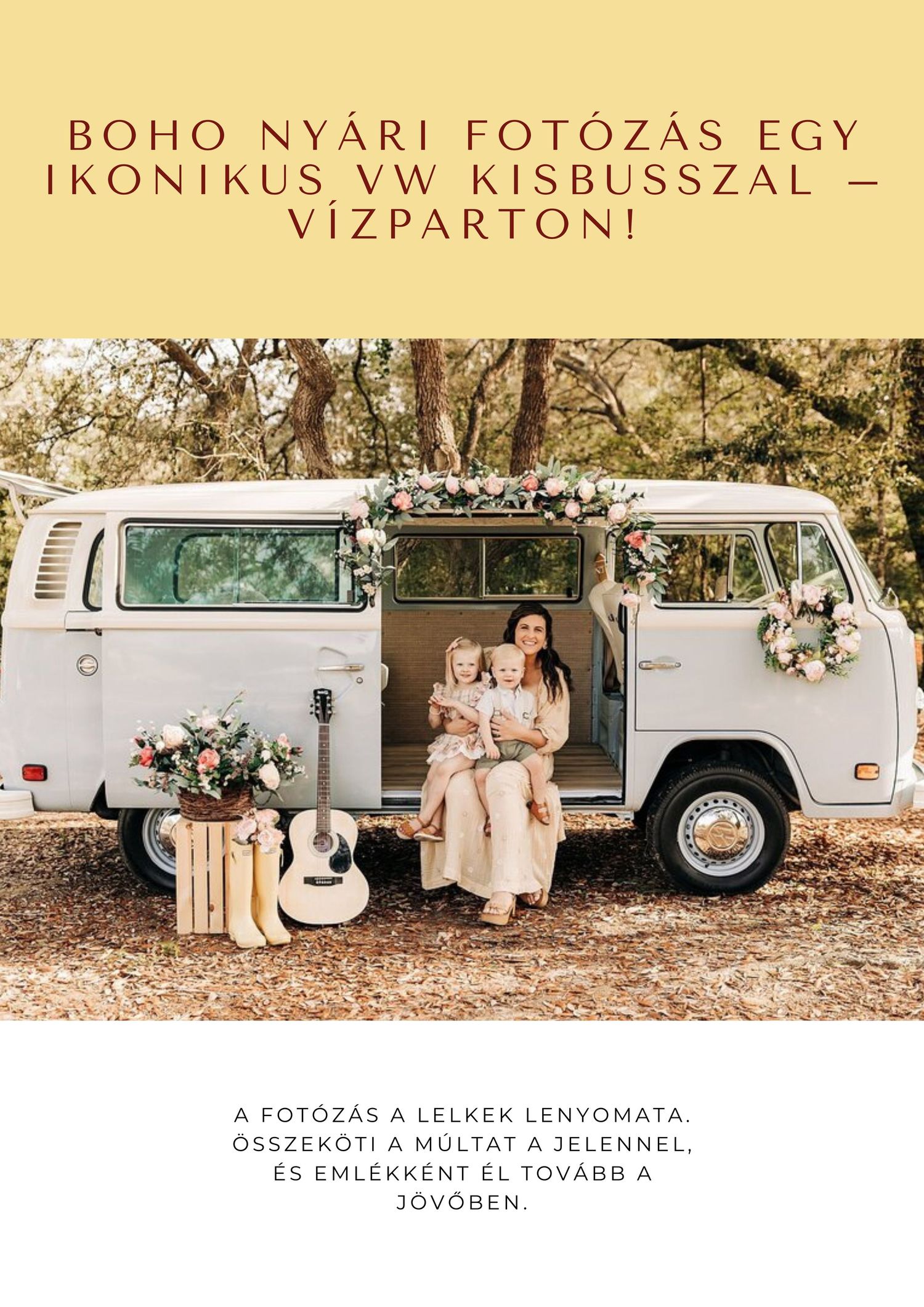A vintage VW bus parked outdoors serves as a bohemian backdrop for a romantic summer photoshoot at a waterfront location.