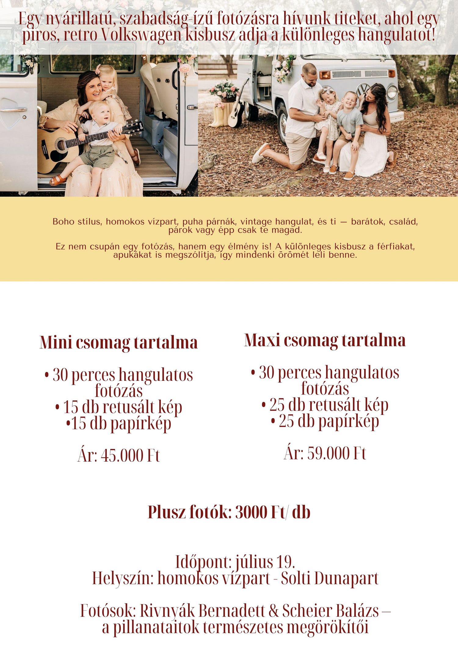 Photography pricing packages banner showing mini and maxi session options with gold text on white background.
