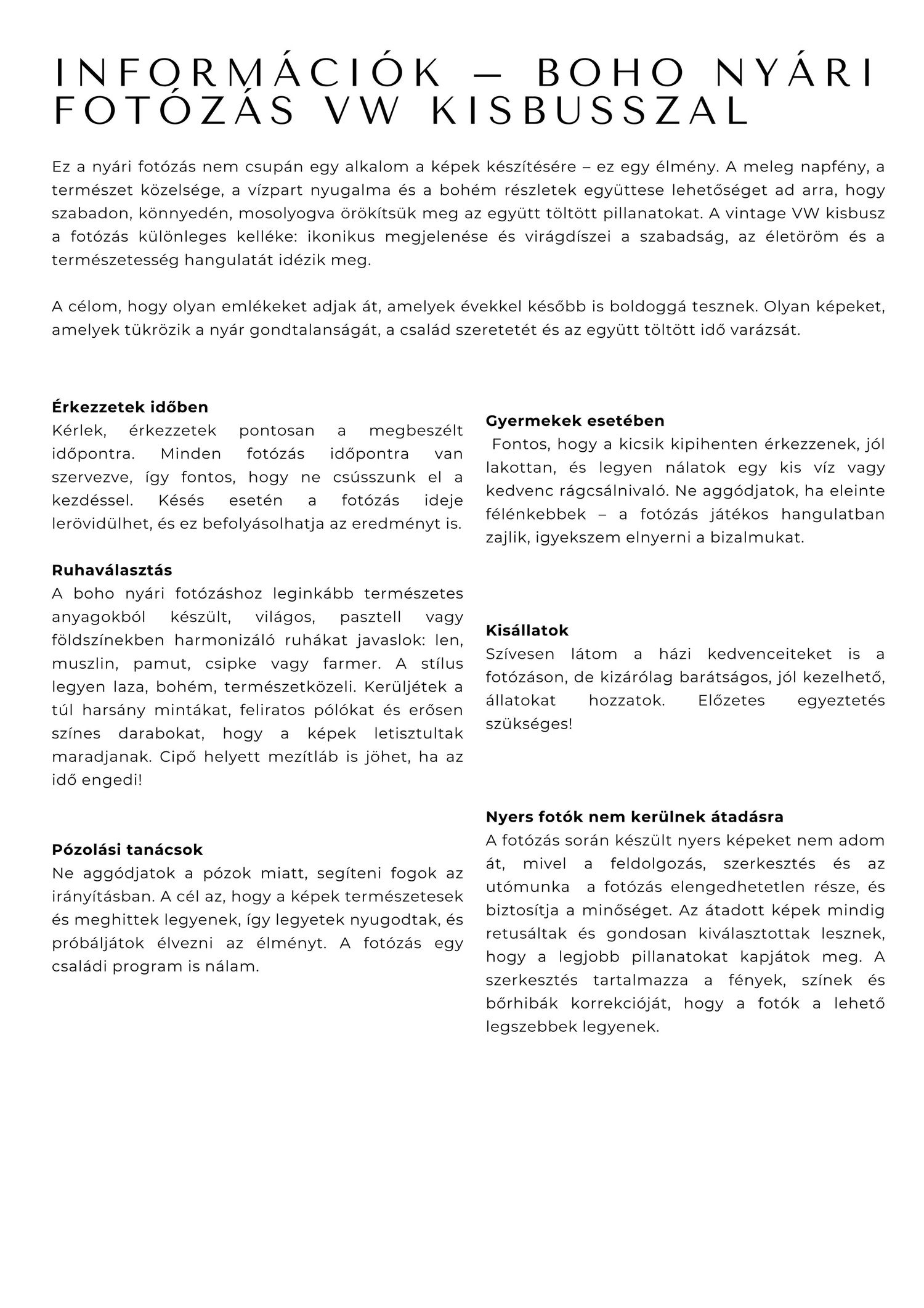A black and white text document written in Hungarian with a heading that reads 'FOTÓZÁS VW KISBUSSZAL'.
