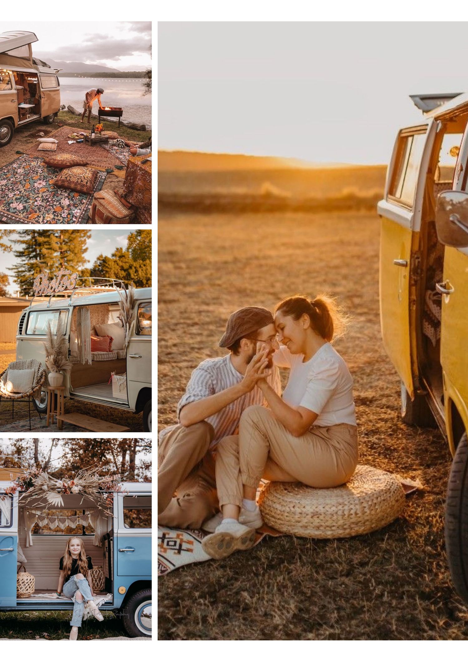 A vintage Volkswagen van parked in a desert setting during golden hour creates a romantic bohemian atmosphere.