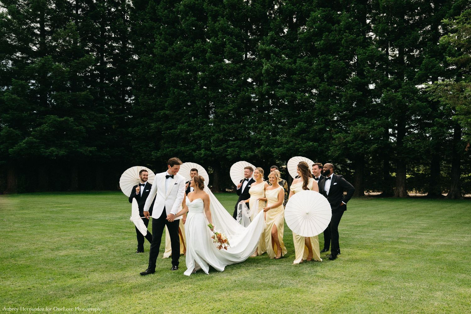 A group of people in white dresses and dark suits perform a choreographed dance move on a green lawn.