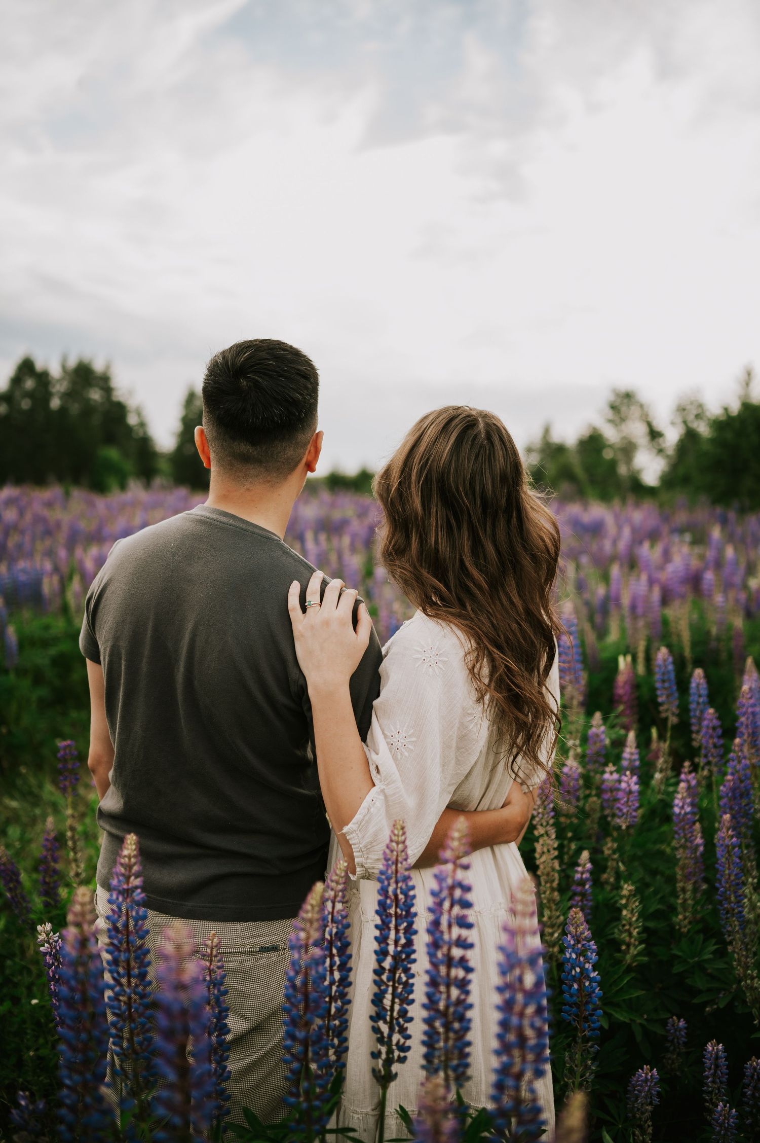 Couple holding each other in lupine field Comox Valley wildflower field locations Photography by Photographer Soulfull Photographs