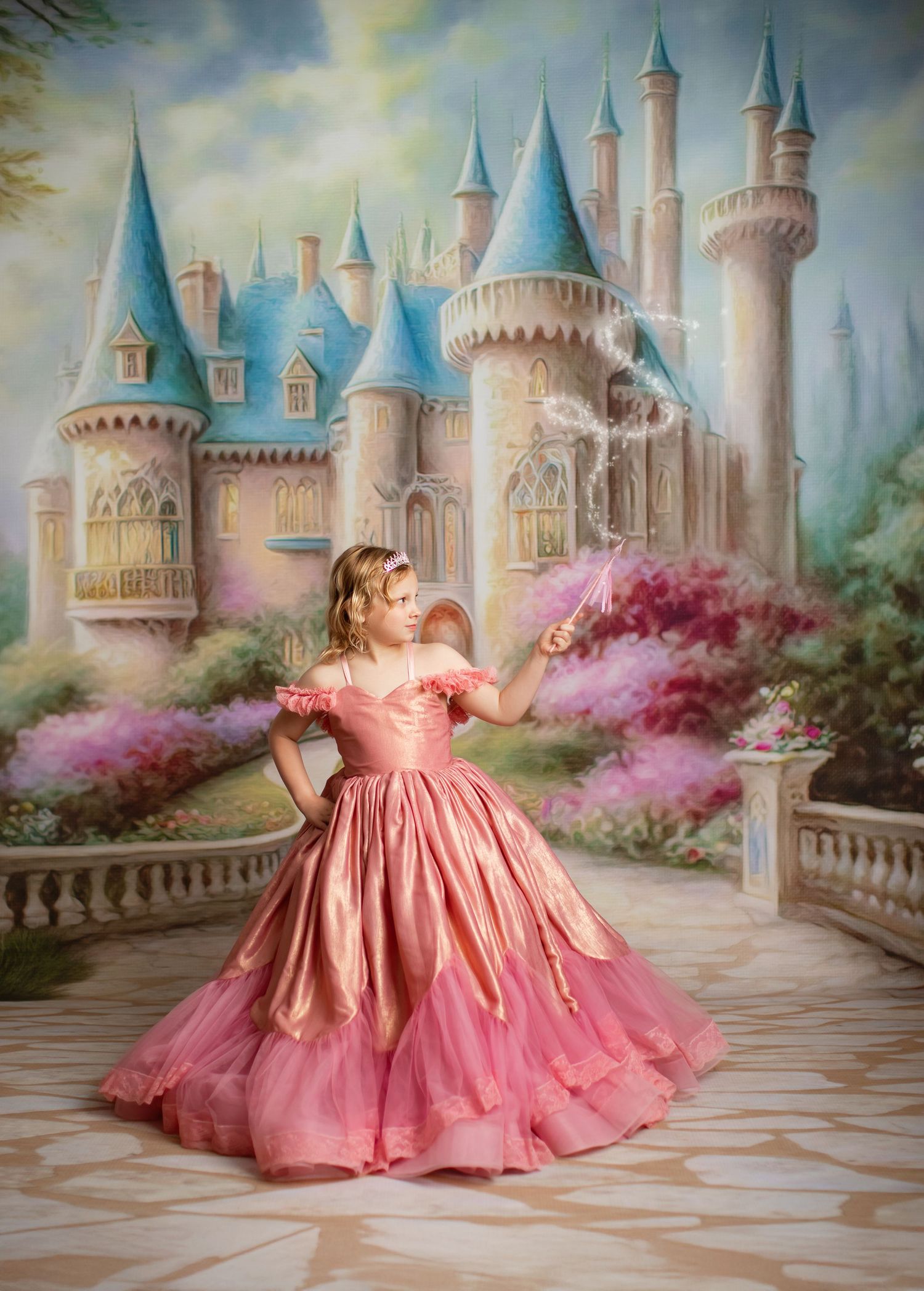 A dreamy pink ball gown swirls against a magical castle backdrop with turquoise spires and blooming cherry blossoms.