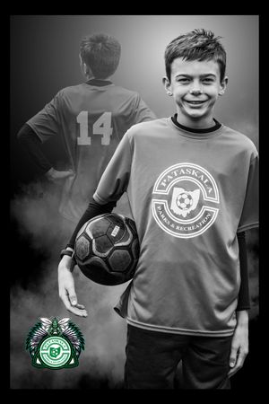 Black and white photos of youth soccer players wearing jerseys with team logos during a match or practice session.