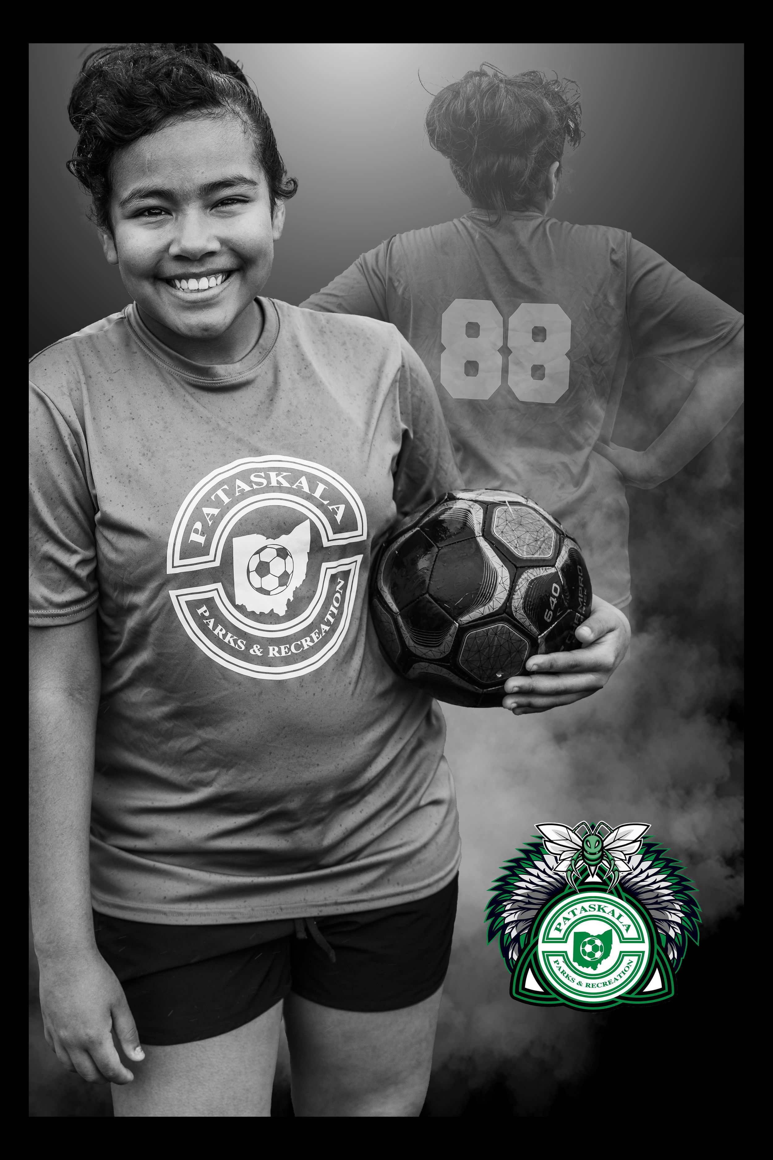 Black and white photo shows soccer player in Basikal jersey holding ball with team logo overlay at bottom.