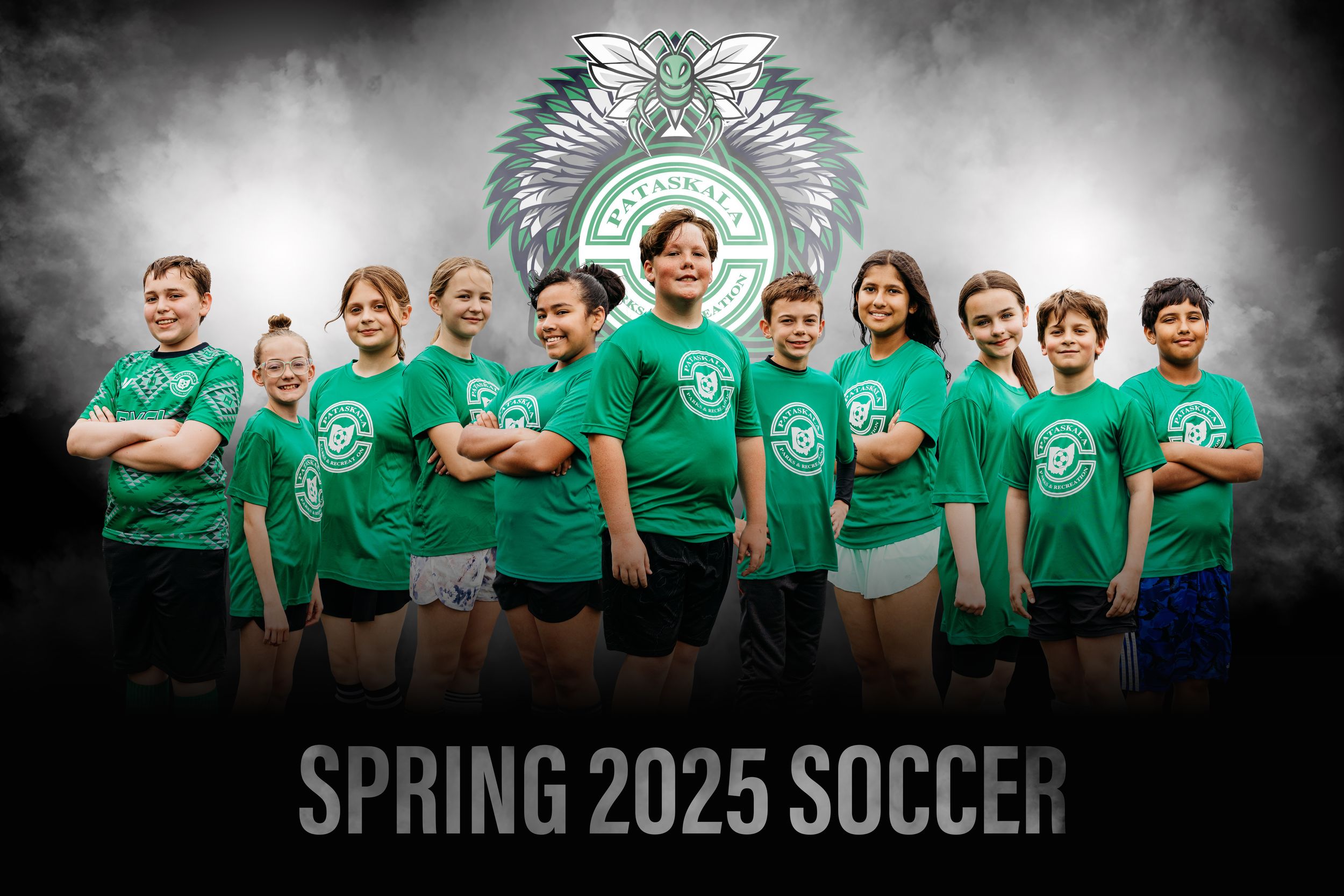 A youth soccer team poses in matching green jerseys against a dark background with a winged logo and Spring 2025 text.