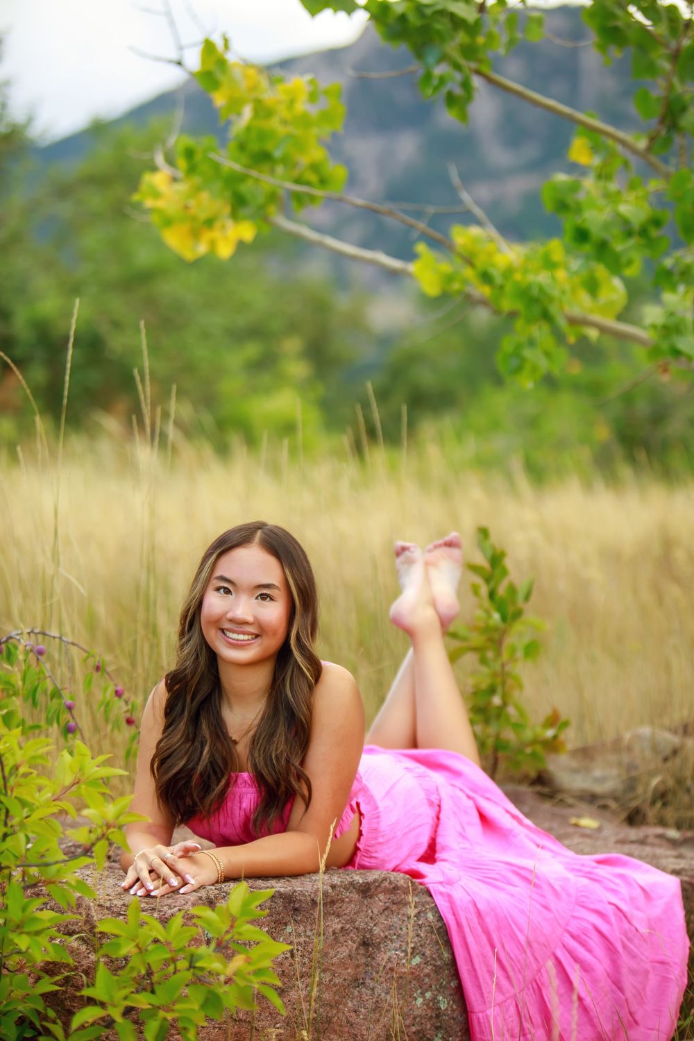 Portrait laying on a rock in a pink dress with mountains and greenery in the background.