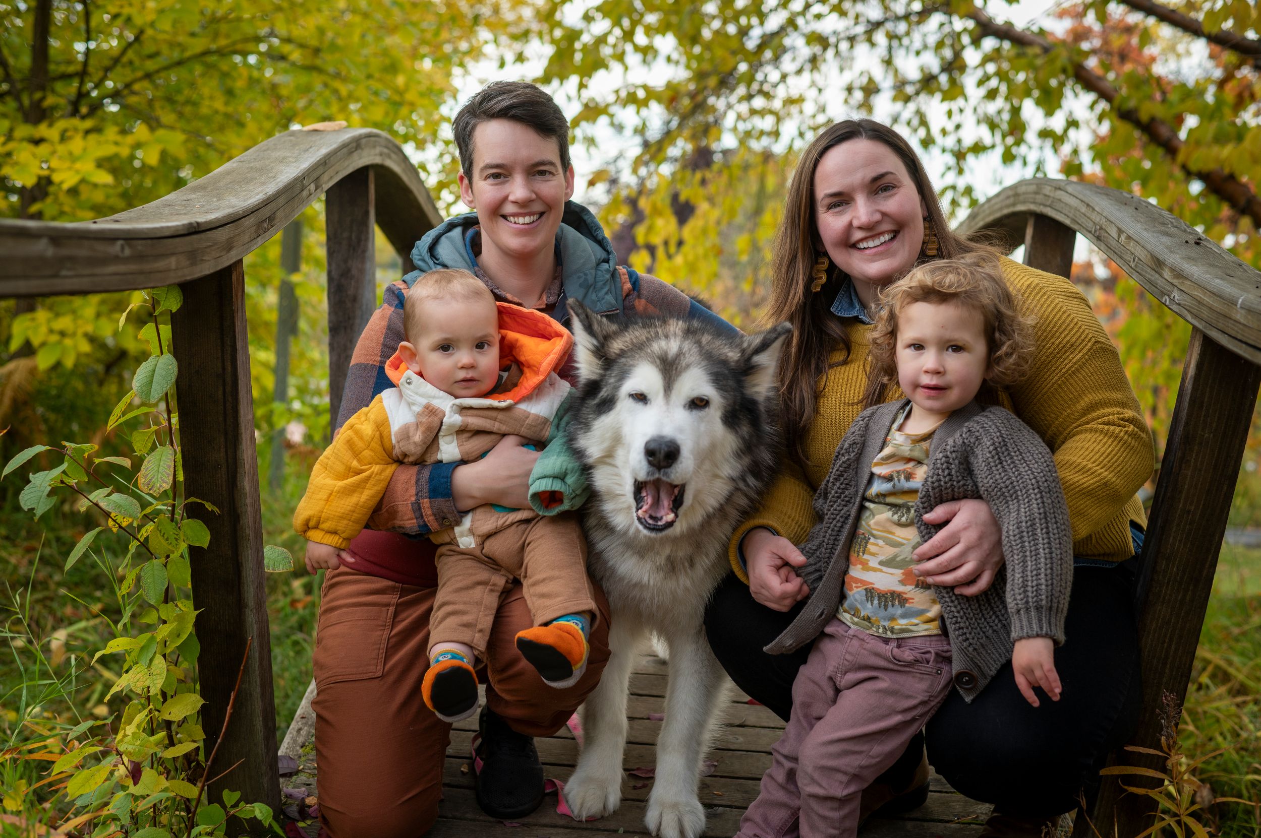 A family sits together on a wooden bridge with their husky dog during autumn, surrounded by colorful foliage.
