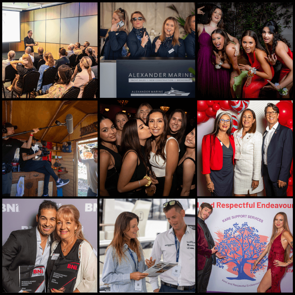 A collage of nine professional event photos showing business networking and social gatherings at a corporate venue. Photography Gold Coast