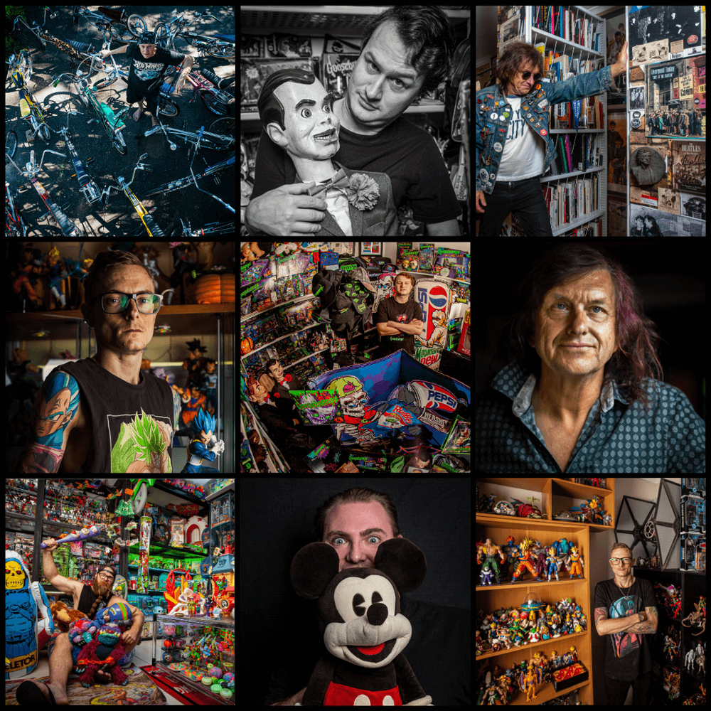 A collection of nine square images showing toy collectors and displays of vintage toys, comic books, and Disney memorabilia.
