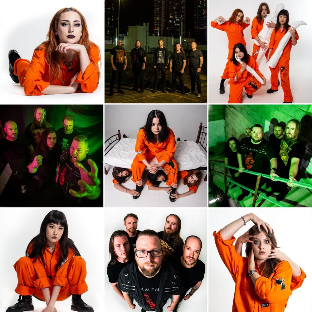 Musicians in orange jumpsuits and dark lighting with various poses and group formations in a studio setting. Band Photography