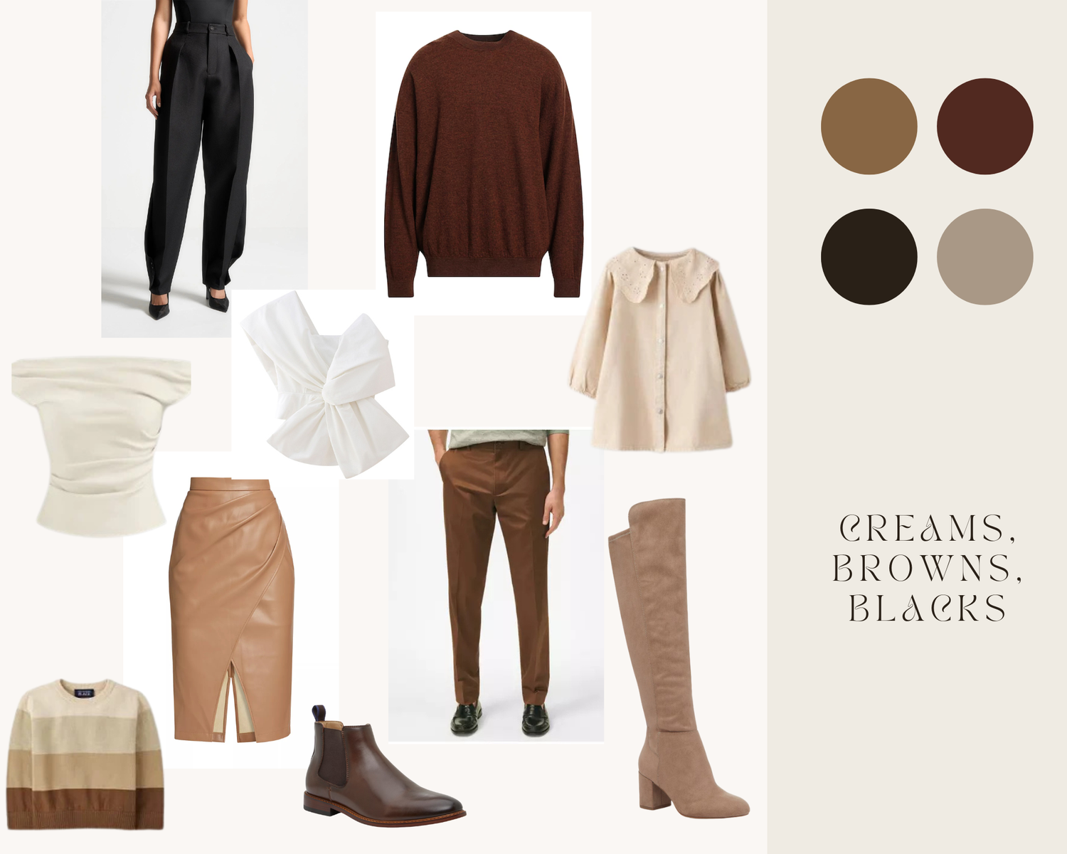 Creams browns and blacks neutral fashion outfit mood board with clothing and shoes.