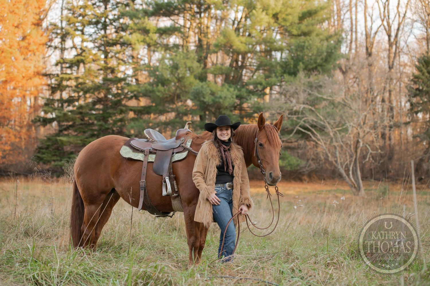 A brown horse with saddle stands in a fall field with evergreen trees and bare branches in the background.
