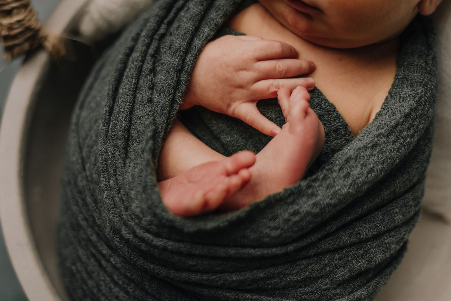 Close-up of tiny newborn baby feet wrapped in soft gray knitted blanket.