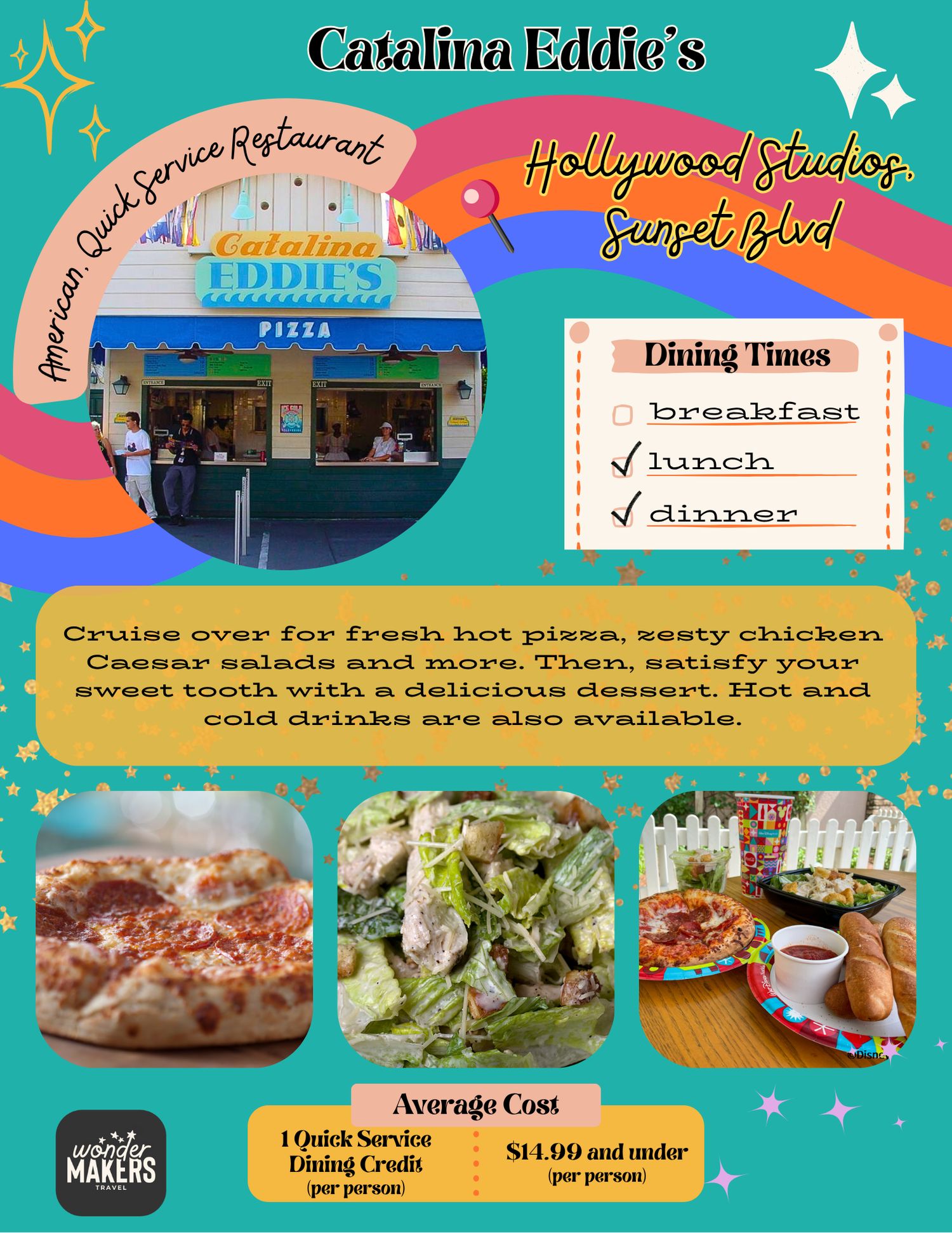 Menu board for Catalina Eddie's restaurant showing food options and dining information.