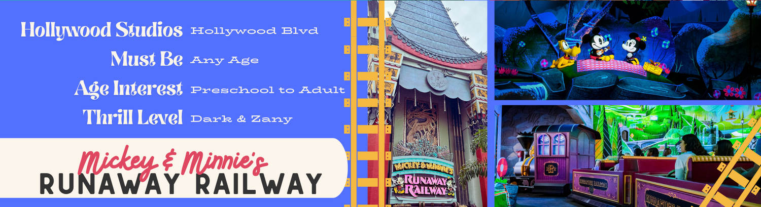 Five Disney theme park attractions shown side by side with blue and purple lighting visible in their signs and facades.