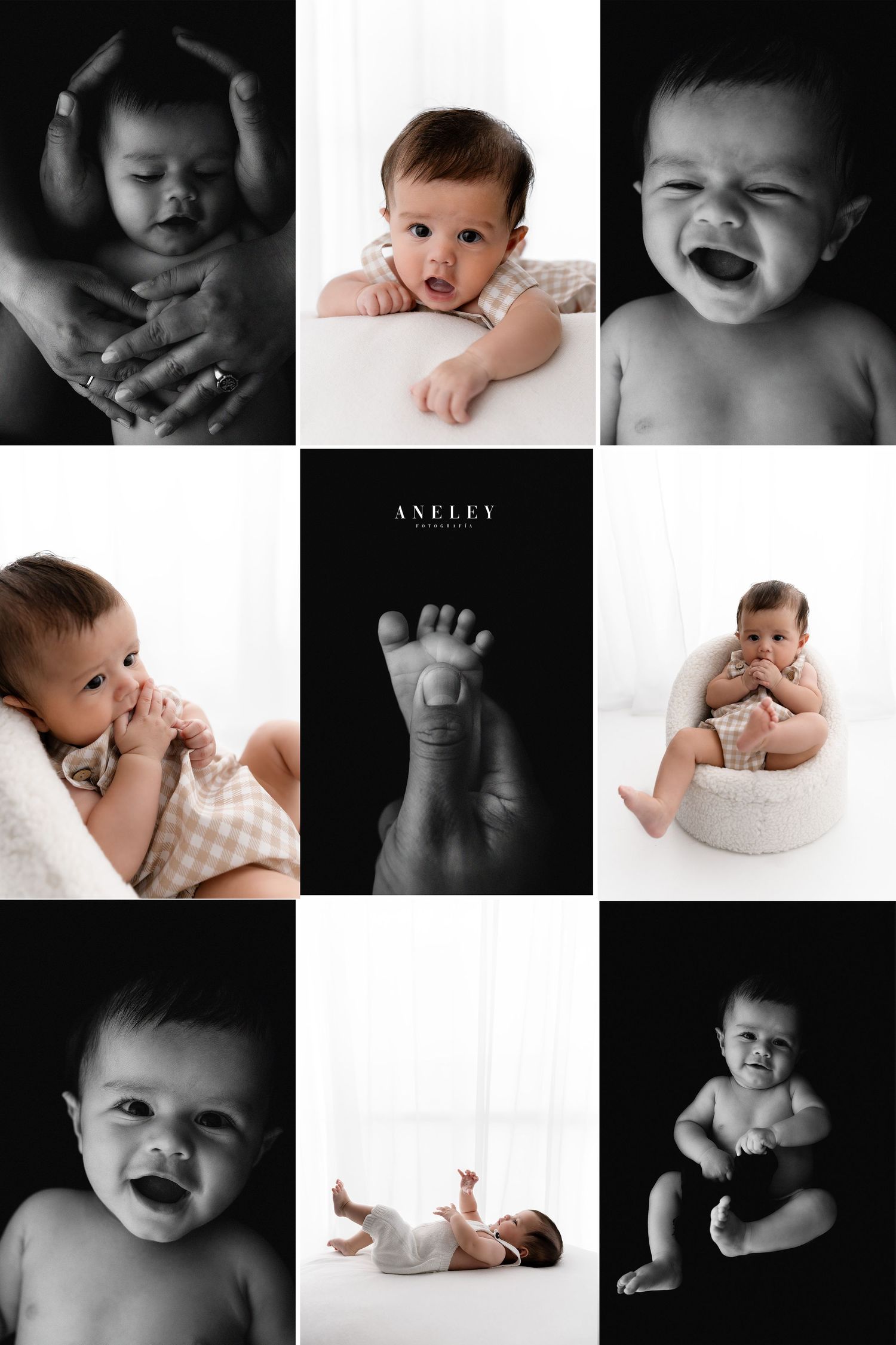 Professional black and white baby portrait collage showing various expressions and poses captured during a studio photo session.