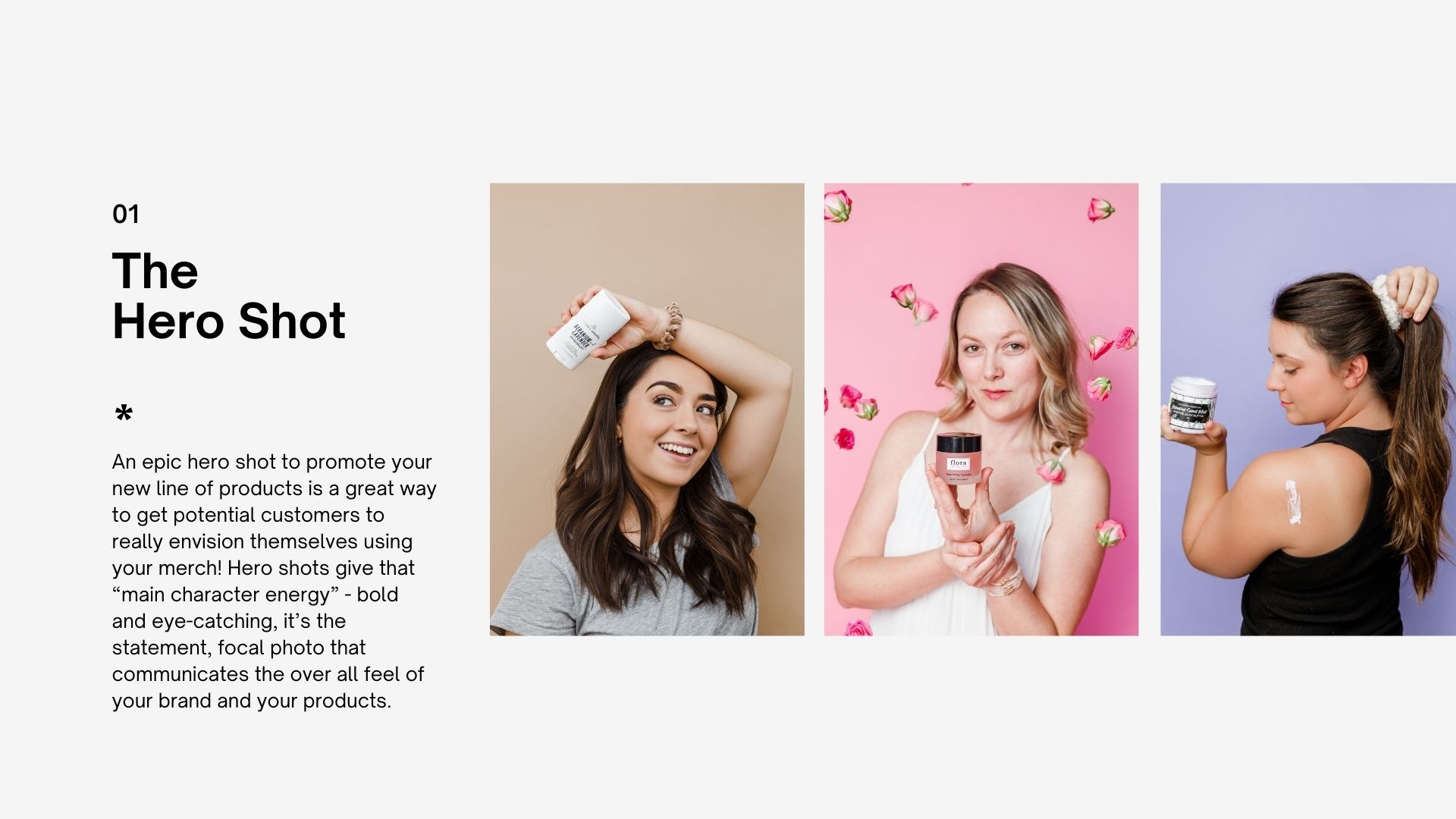 Three images showing people posing with products for promotional content against white, pink and purple backgrounds.
