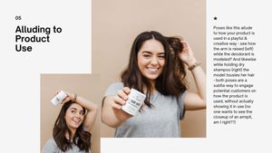 A modern marketing layout shows a split view of product photography with text overlay in a minimalist beige design.