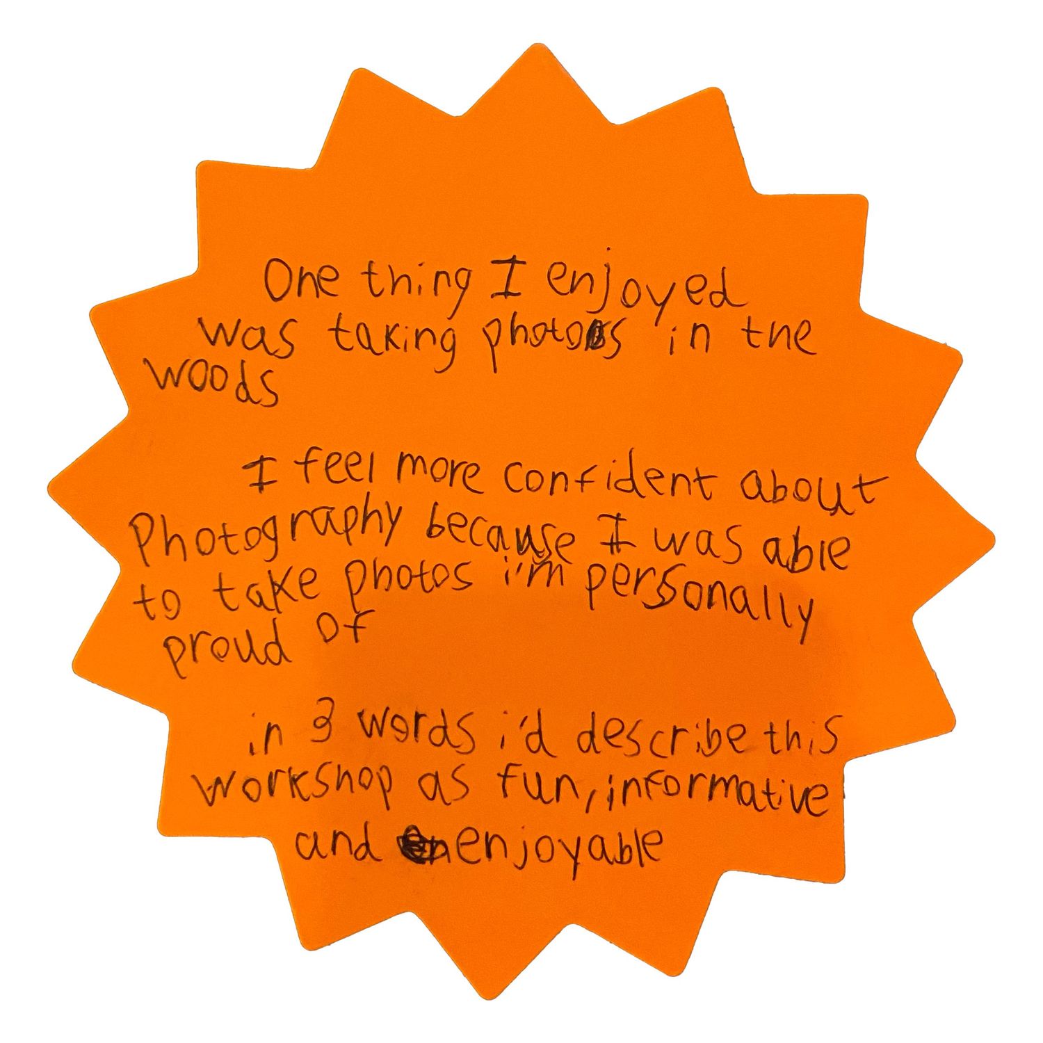 Orange star-shaped sticky notes with handwritten messages arranged side by side.
