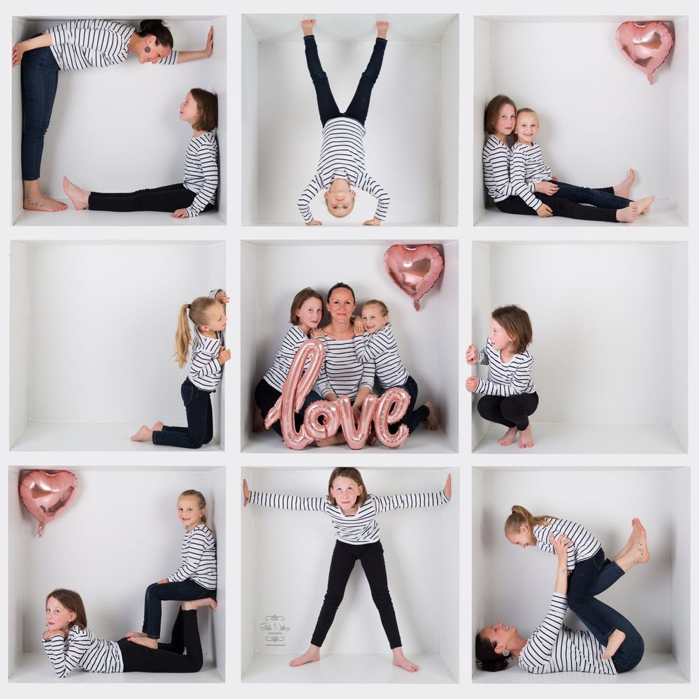 Playful family photo collage in matching striped shirts posing creatively with pink heart balloons and LOVE sign.