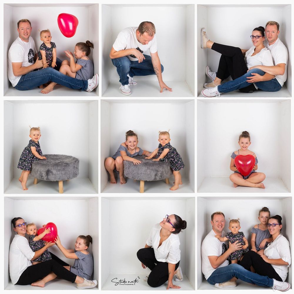 Grid of nine playful family studio photos with red heart props and grey furniture against white backdrop.