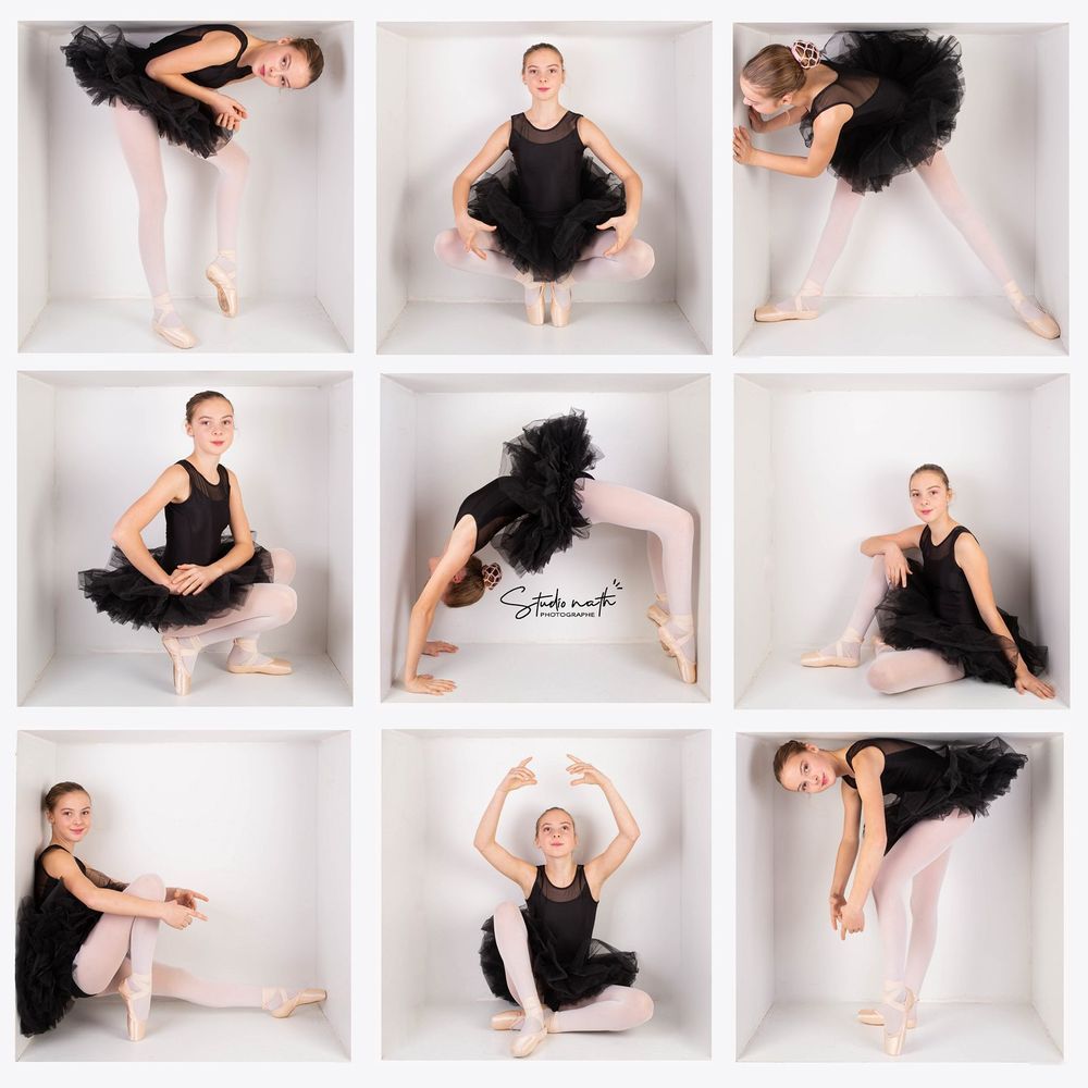 Ballet dancer in black tutu performs graceful poses in white studio photo collage.