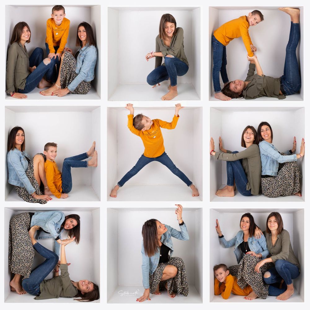 Nine playful studio photos show friends posing and interacting in casual denim and yellow outfits against a white backdrop.
