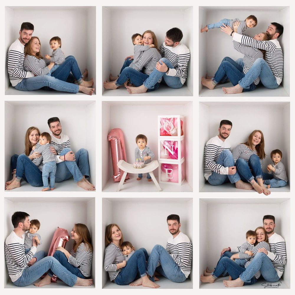 A collection of nine lifestyle photos showing a family in matching striped shirts sitting and interacting in a studio setting.