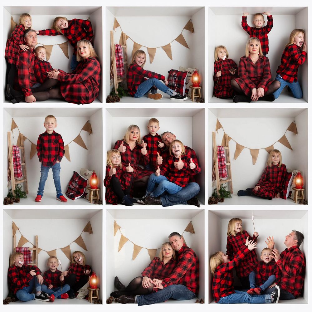 Candid photo shoot featuring family members in matching red buffalo plaid outfits posing playfully against white wall with banner.