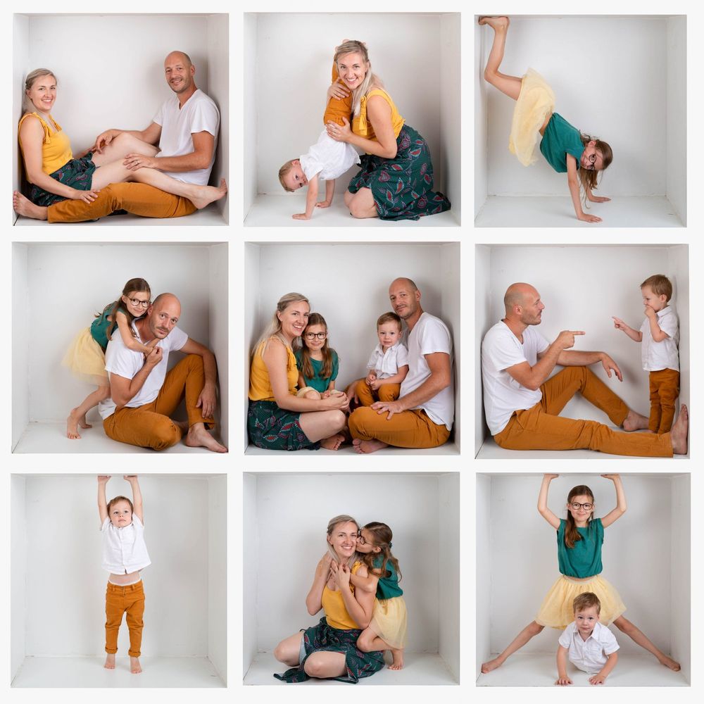 A playful family photo collage showing joyful moments, dance moves and interactions in matching mustard and teal outfits.