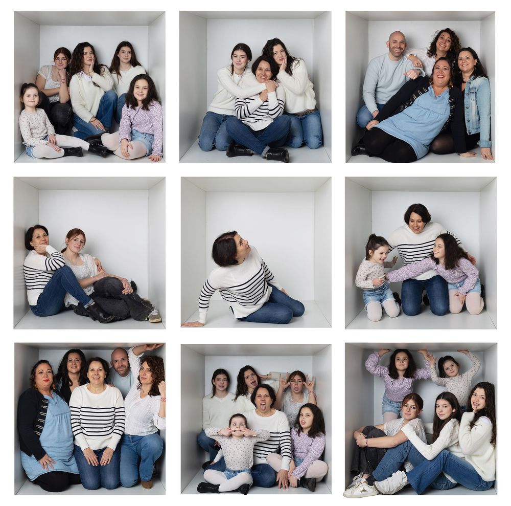 A collage of nine family portrait photos in white box frames, featuring groups of women and children in casual outfits.