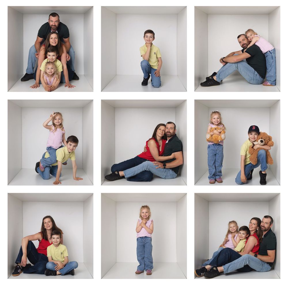 A collage of nine white box frames featuring family portrait photos with adults and children posing together in various groupings.