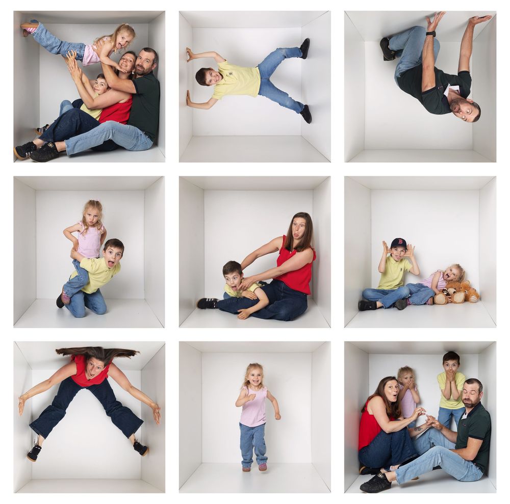A collage of nine white box frames featuring families and children posing in creative, playful positions.