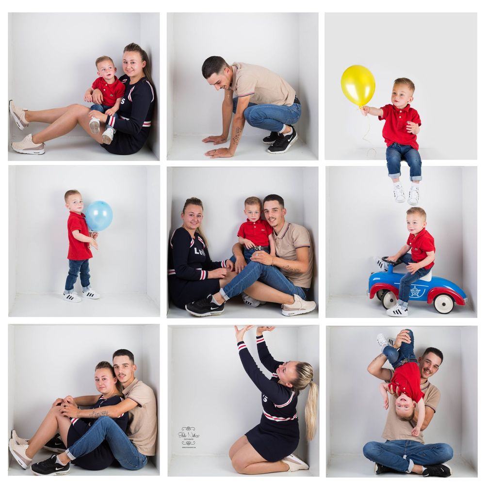 Heartwarming photo collage capturing playful moments with balloons, toys and casual poses in a bright studio setting.