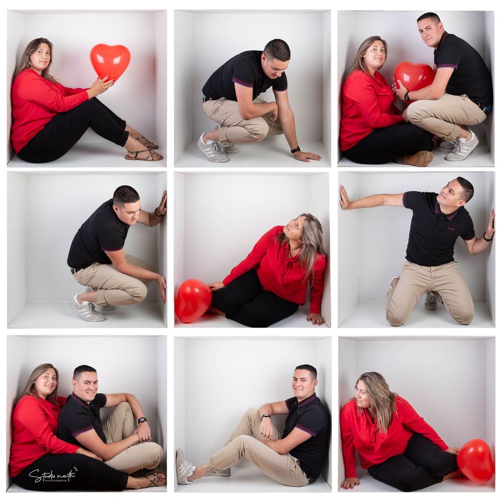 Photo series showing couple posing with red heart balloon in studio against white background in various playful positions.