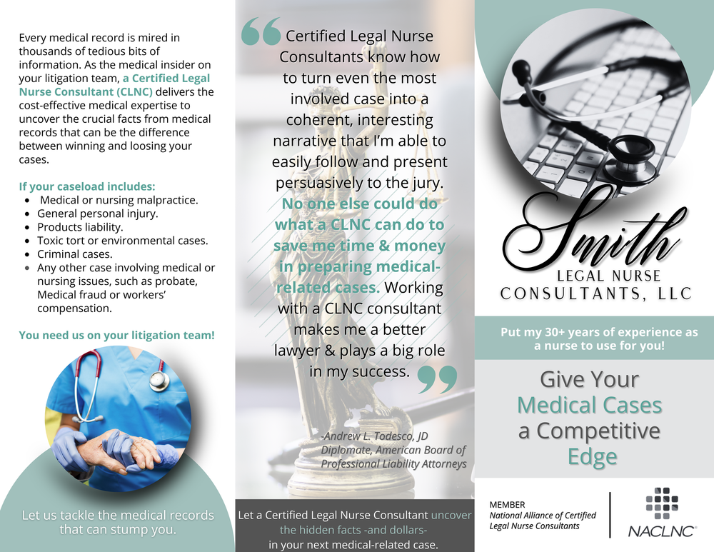 Marketing materials showcasing certified legal nurse consultant services and medical case expertise.