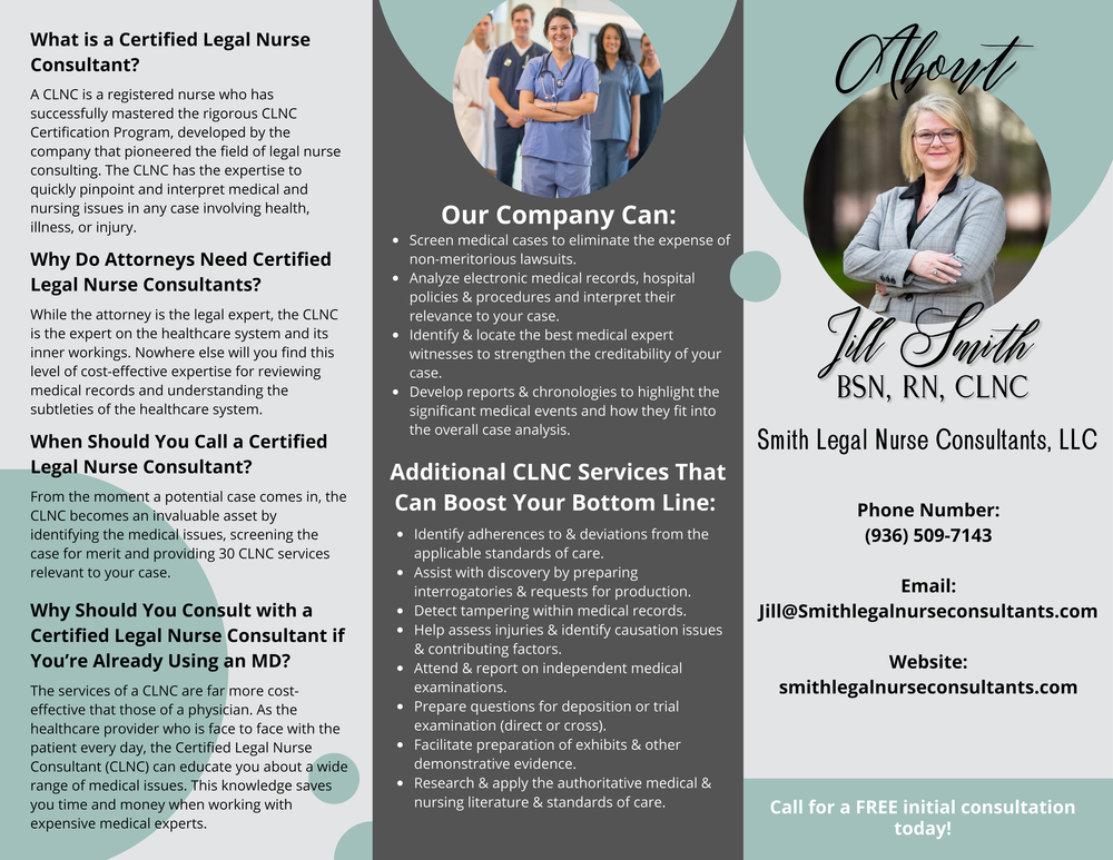 Informational brochure layout for legal nurse consulting services with medical imagery.