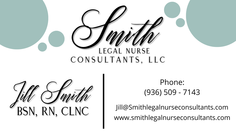 Professional contact information header with teal accents for Smith Legal Nurse Consultants.